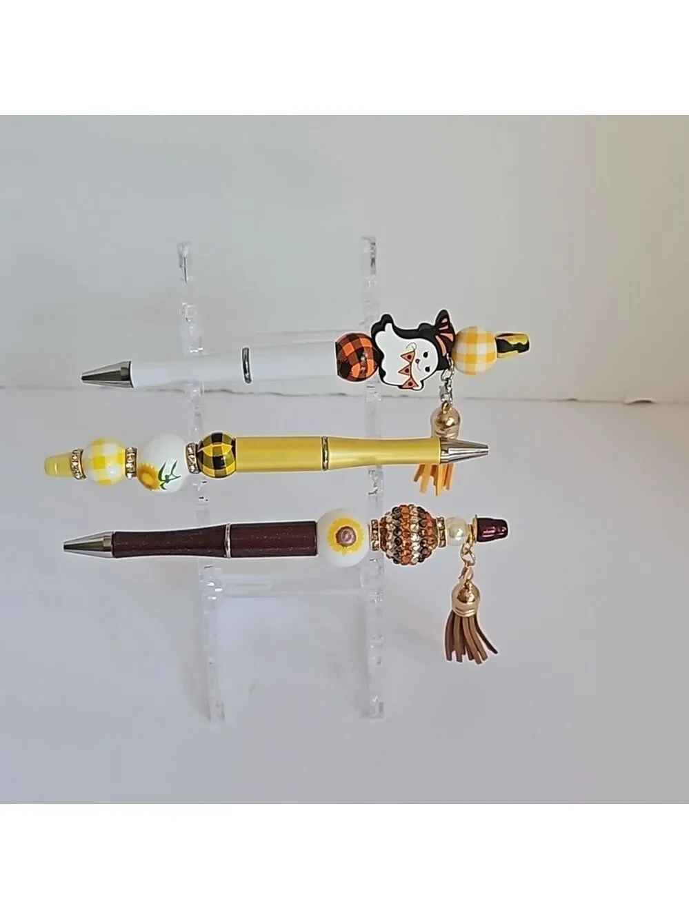 Hand Crafted 3 Set Pens Black Ink Beaded Sunflower Harvest Halloween Design